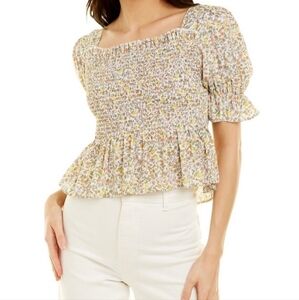 70/21 Floral Smocked Crop Top Puff Sleeves Blouse Square Neck Yellow Ruffle Sz M